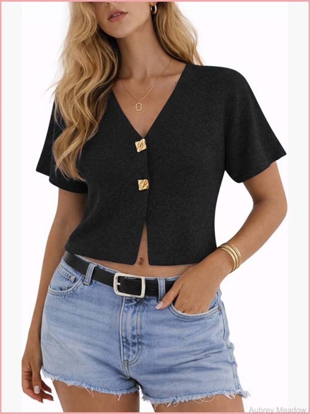 Cropped Knit Cardigan Top, Short Sleeve V-Neck Button Front Sweater